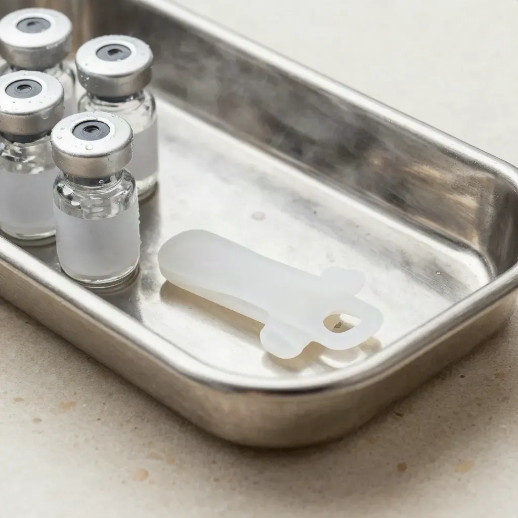 Plateau d’instruments en inox, capuchons de flacons et clip silicone sur terrazzo pâle