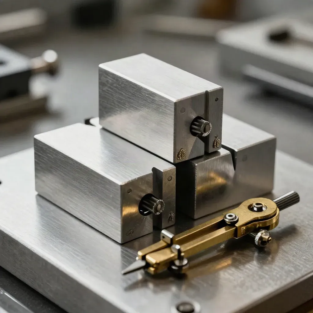 Blocs d’alignement en aluminium, compas en laiton et clips sur acier brossé.