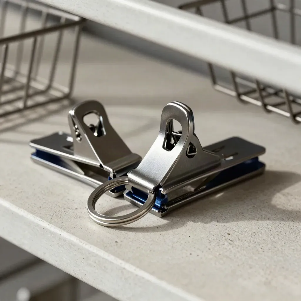 Clips d’étagère, porte-clés compact et diviseur en métal anodisé sur béton clair.
