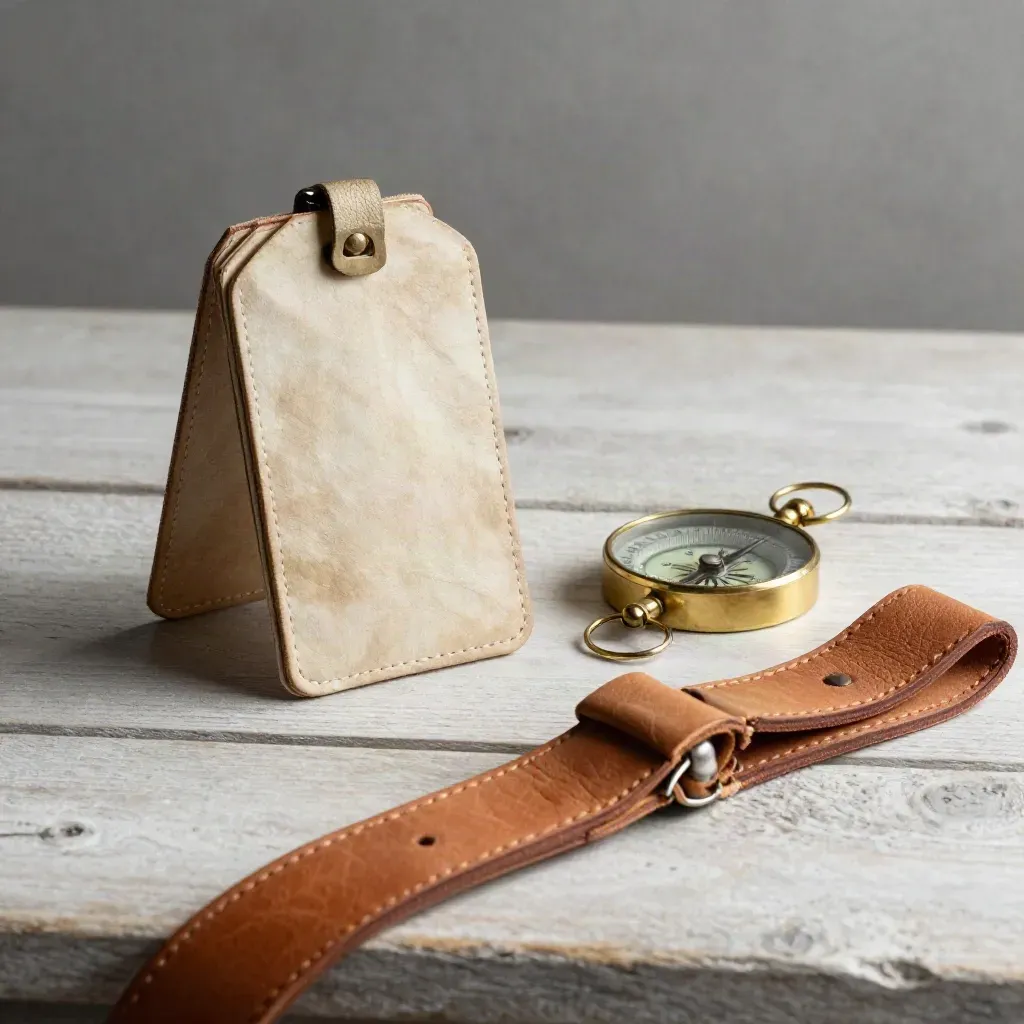 Étui de carte, étiquette de bagage, compas en laiton et sangle en cuir sur bois clair.