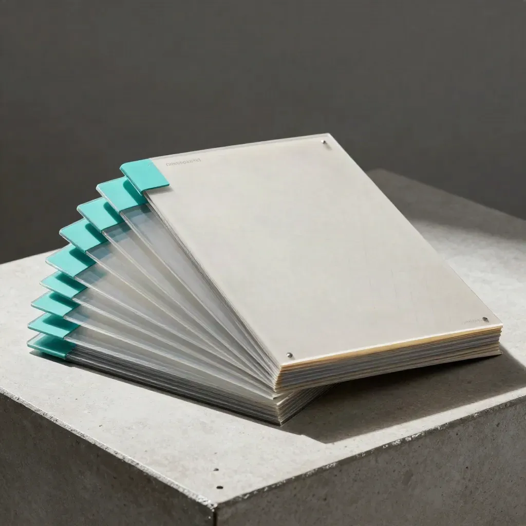 Overlays transparents, onglets turquoise et pochette de carte sur béton clair.