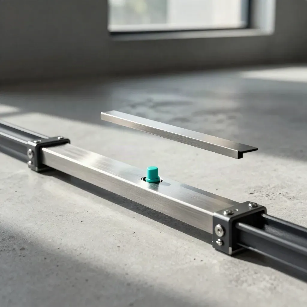 Rail clipsable, bande magnétique et plaquette métal sur béton pâle, vue basse en trois-quarts.