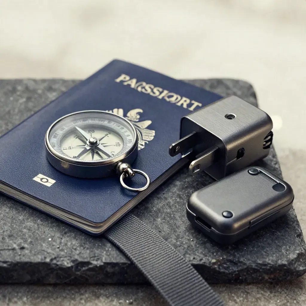 Kit de voyage sur pierre sombre avec boussole, housse de passeport, adaptateur et traceur de bagage.