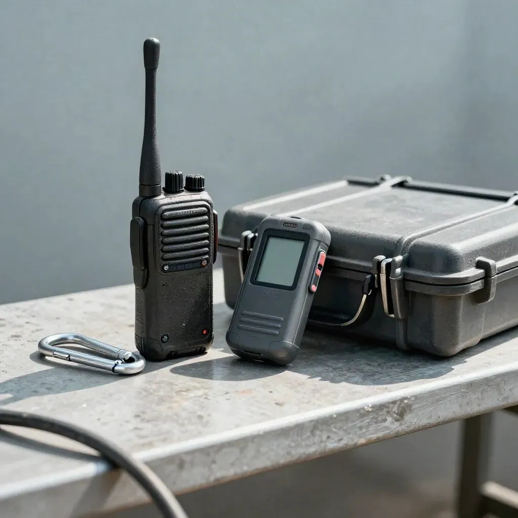 Talkie-walkie, pièce GNSS, mousqueton et loquet de valise sur un banc de terrain.
