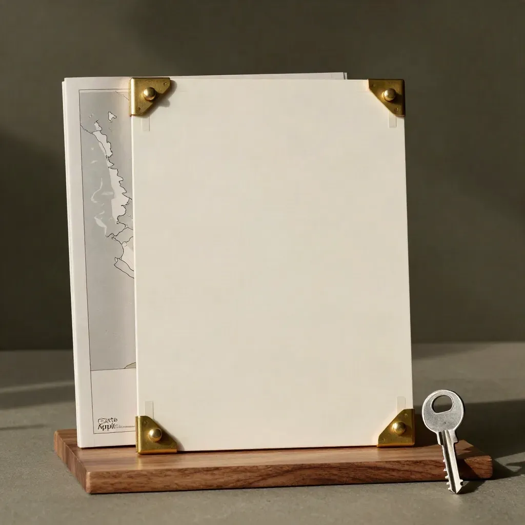 Mockup blanc de site avec équerres en laiton et bandes adhésives sur bois mat.