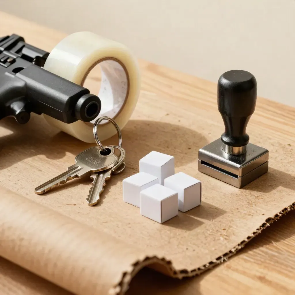 Pistolet à ruban adhésif, clés, protège-coins et tampon métallique sur bois clair.