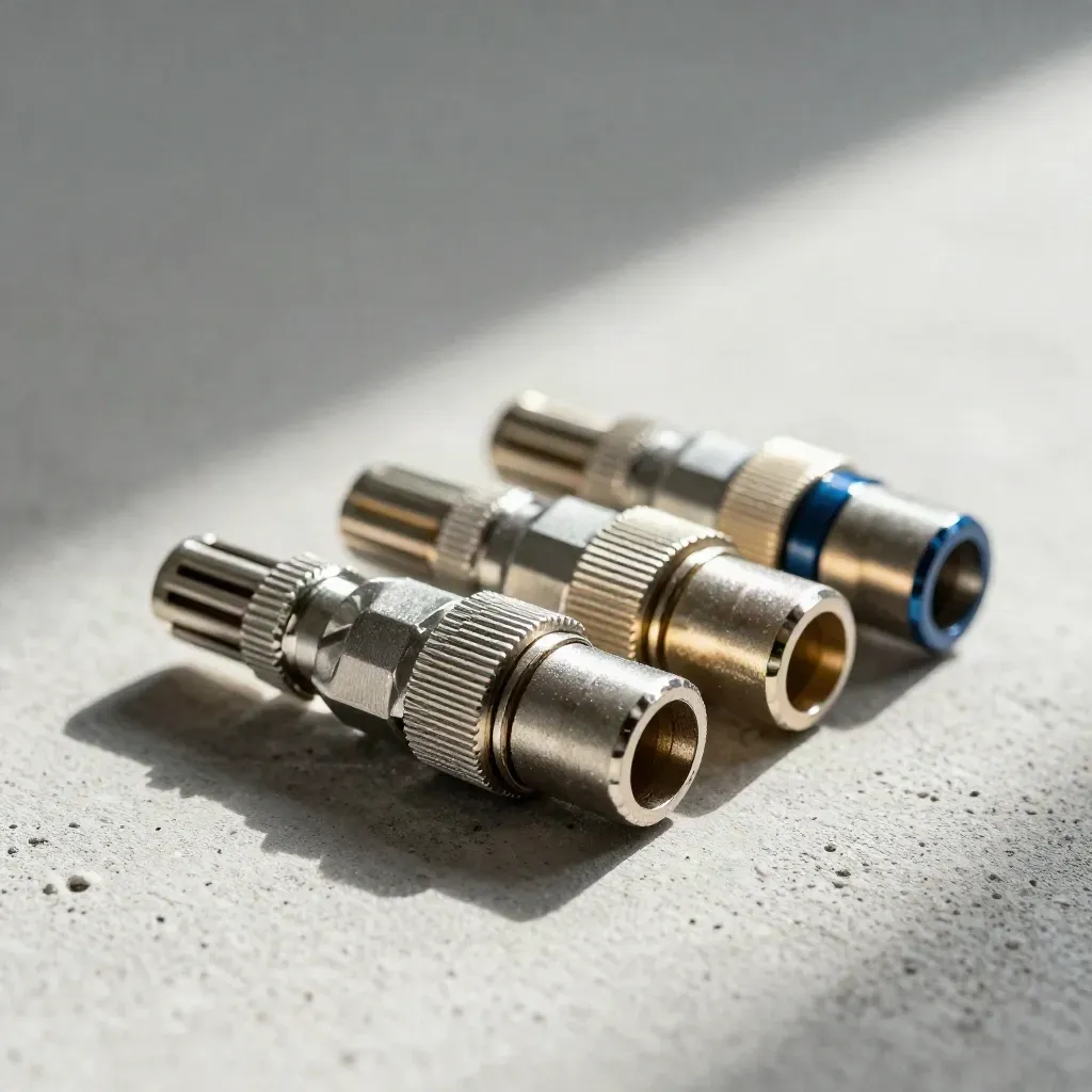 Connecteurs métalliques alignés sur béton clair, avec un coupleur au premier plan.
