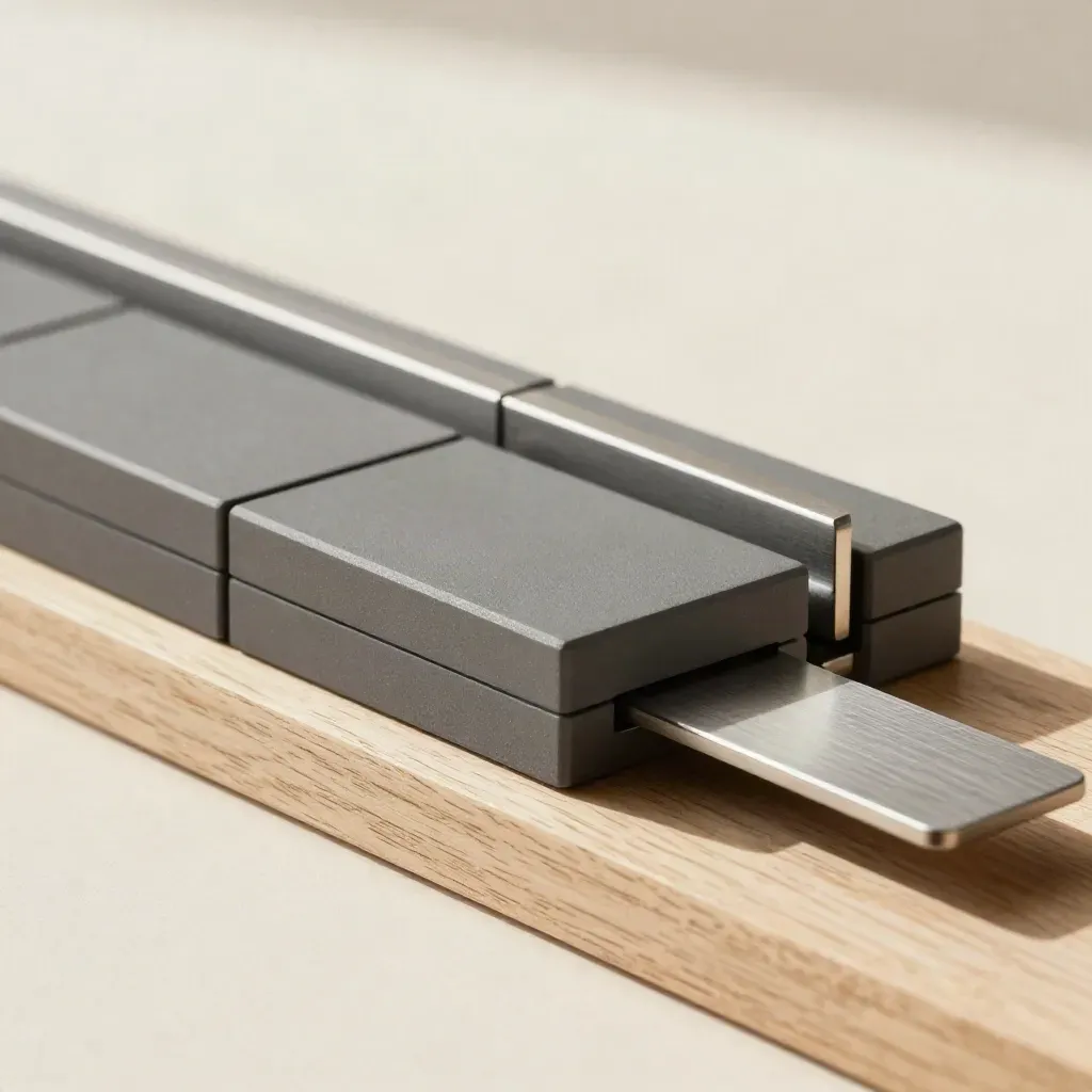 Blocs modulaires, carreaux d’espacement et rail de clip sur chêne clair, en gros plan.