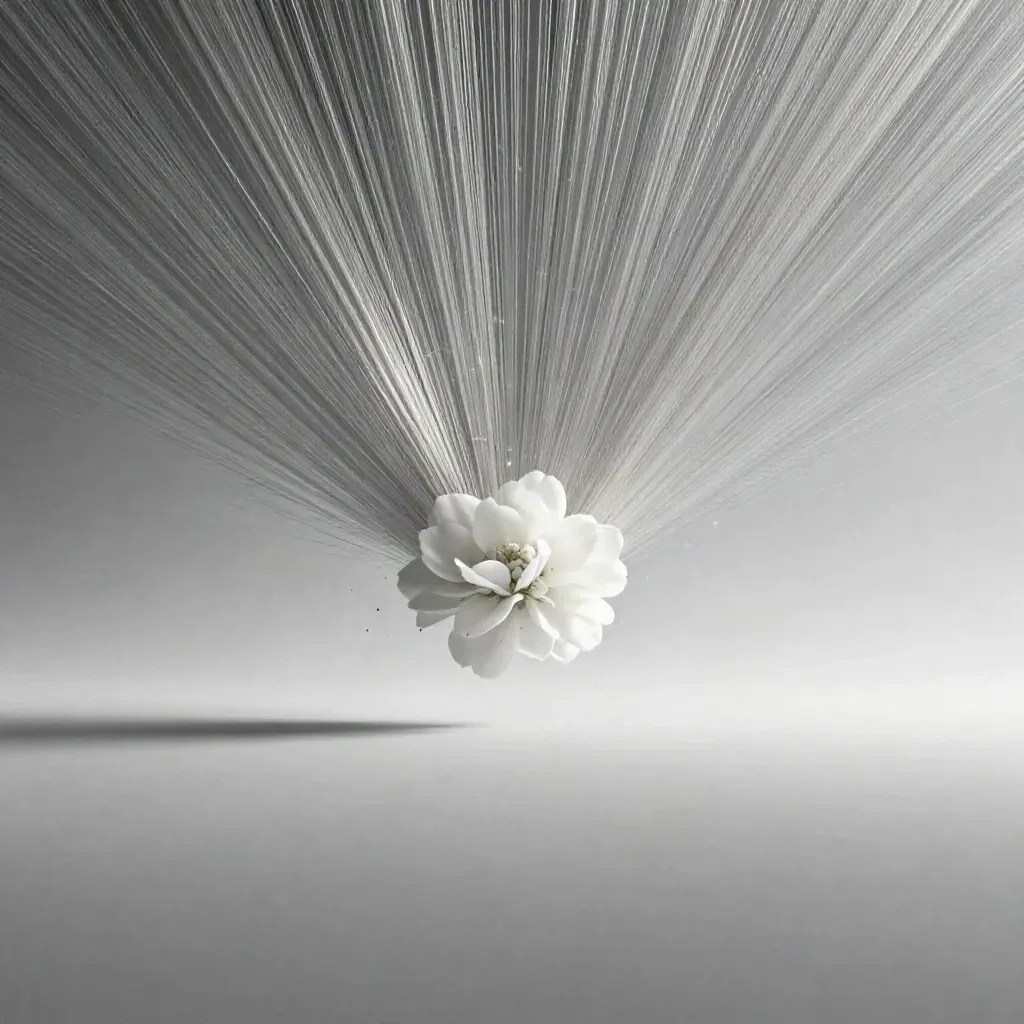 Filaments argentés convergeant vers une lueur blanche sur fond graphite, espace vide pour le texte.