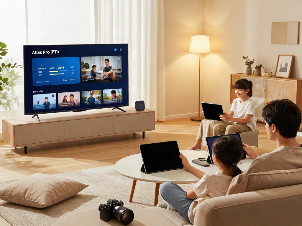 Famille profitant d'Atlas Pro IPTV dans un salon moderne, ambiance chaleureuse.