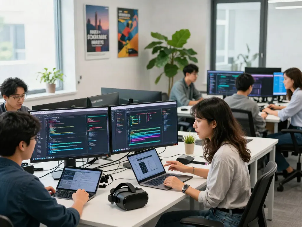 Scène de développement logiciel dynamique avec Atlas pro, équipe collaboration en milieu tech moderne.